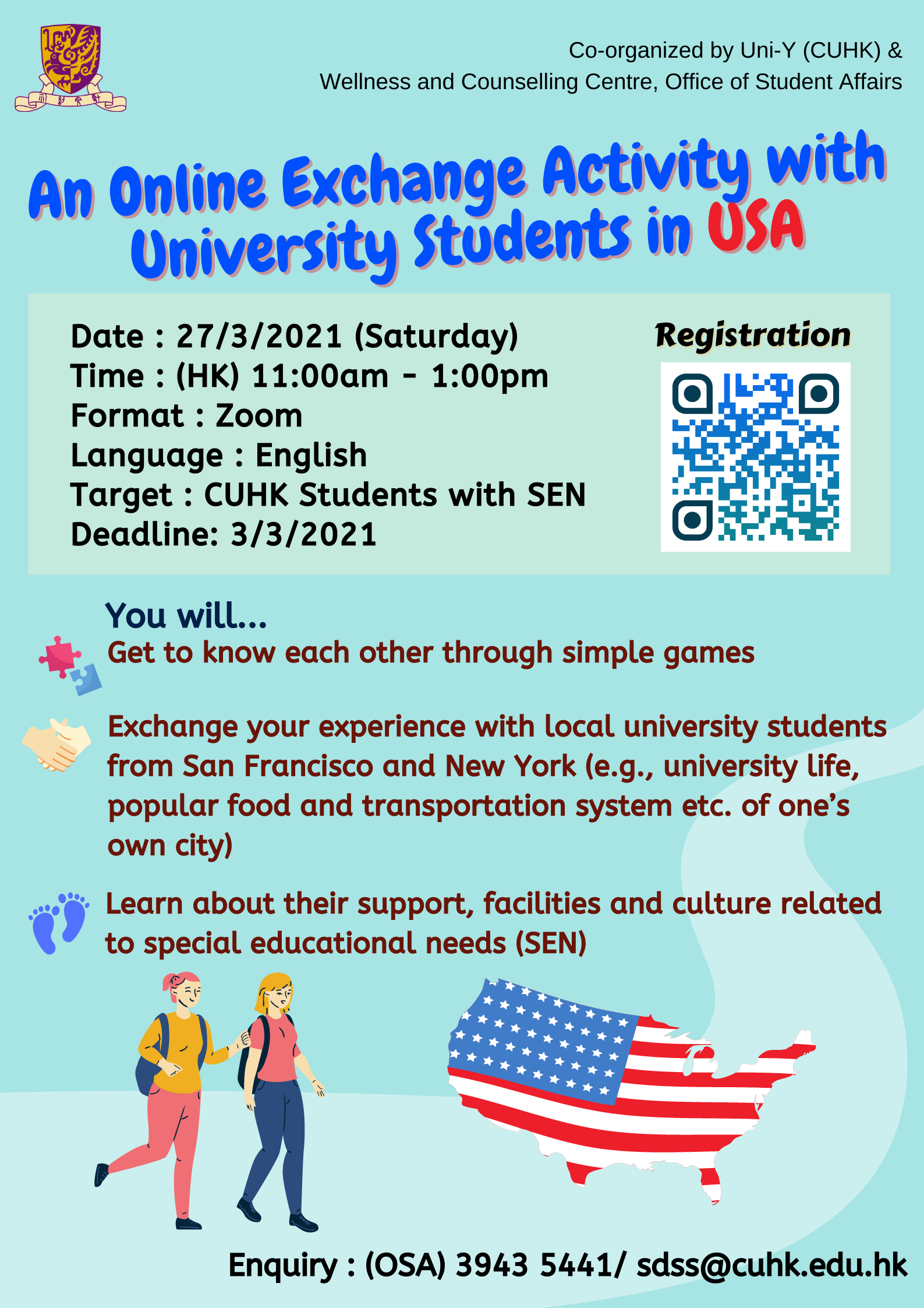 Poster for an online exchange activity with university students in USA